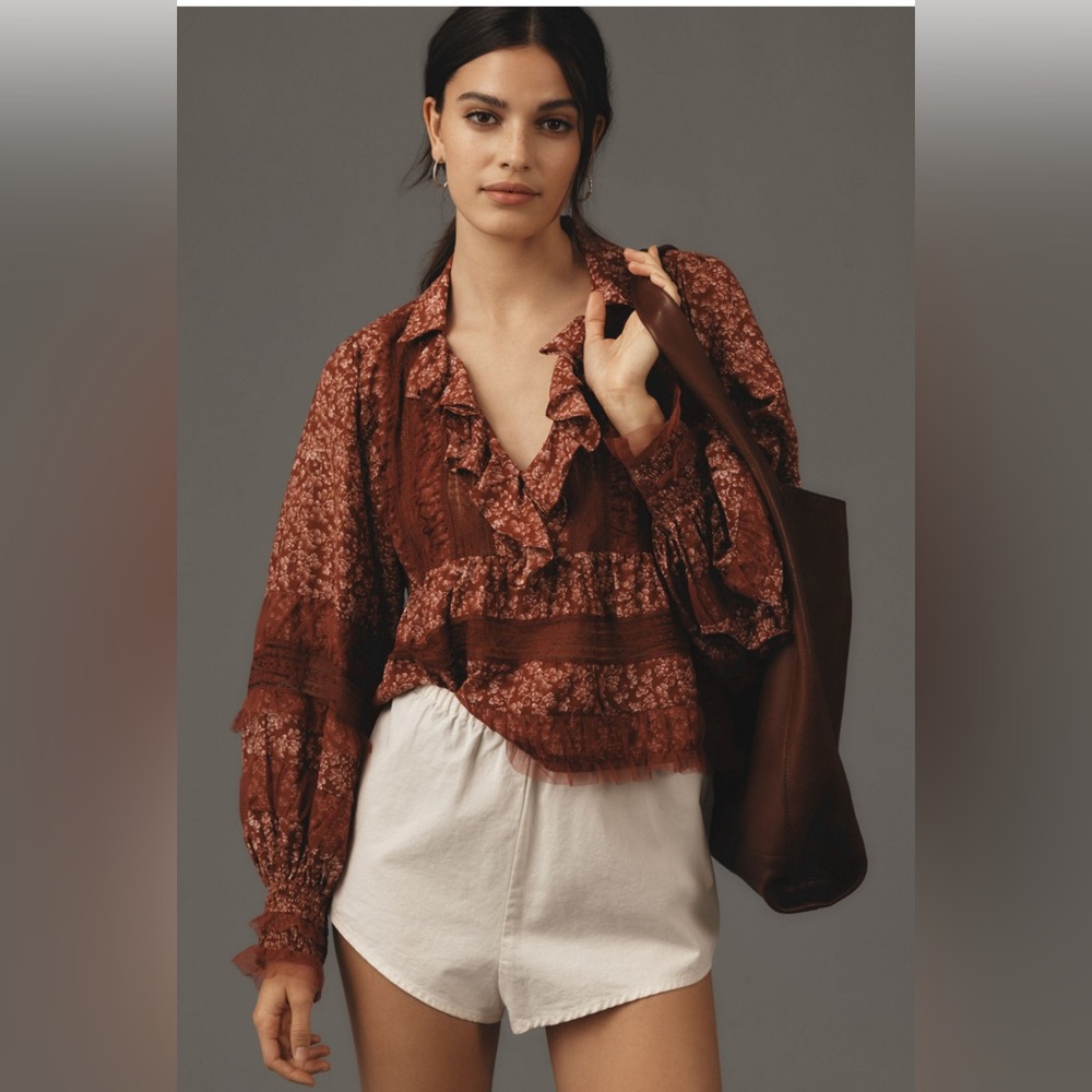 BY ANTHROPOLOGIE RUFFLED V-NECK POPOVER BLOUSE size XL